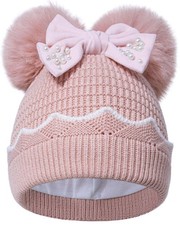 Winter Hat Girls Kids Beanie Cap Pearl Bow Double Pom Pom Warm Fleece Lined