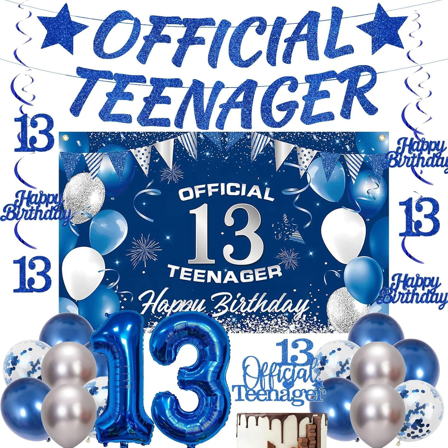 13Th Birthday Decorations Blue Banner - 20 Pcs Official Teenager Banner Happy Bi
