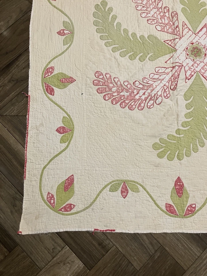 Antique 1800s Cotton Applique Princess Feather Quilt 81x82 Rose Bud Border - Image 2 of 4