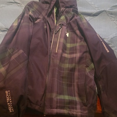Helly Hansen Men's Plaid Waterproof Hooded Jacket Purple Green Full Zip M