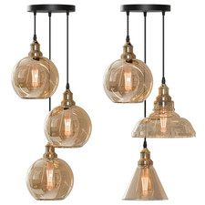 Vintage Pendant Ceiling Light Fitting Amber Glass 3 Head Hanging Lamp