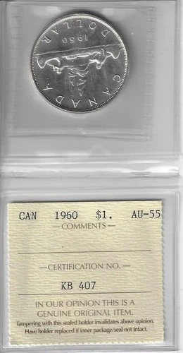 Canada 1960 , $1 Silver Dollar, ICCS Certified AU55