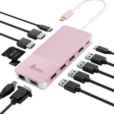 12 in 1 USB C Hub Triple Monitor Docking Station 2 HDMI VGA 100W PD Ethernet