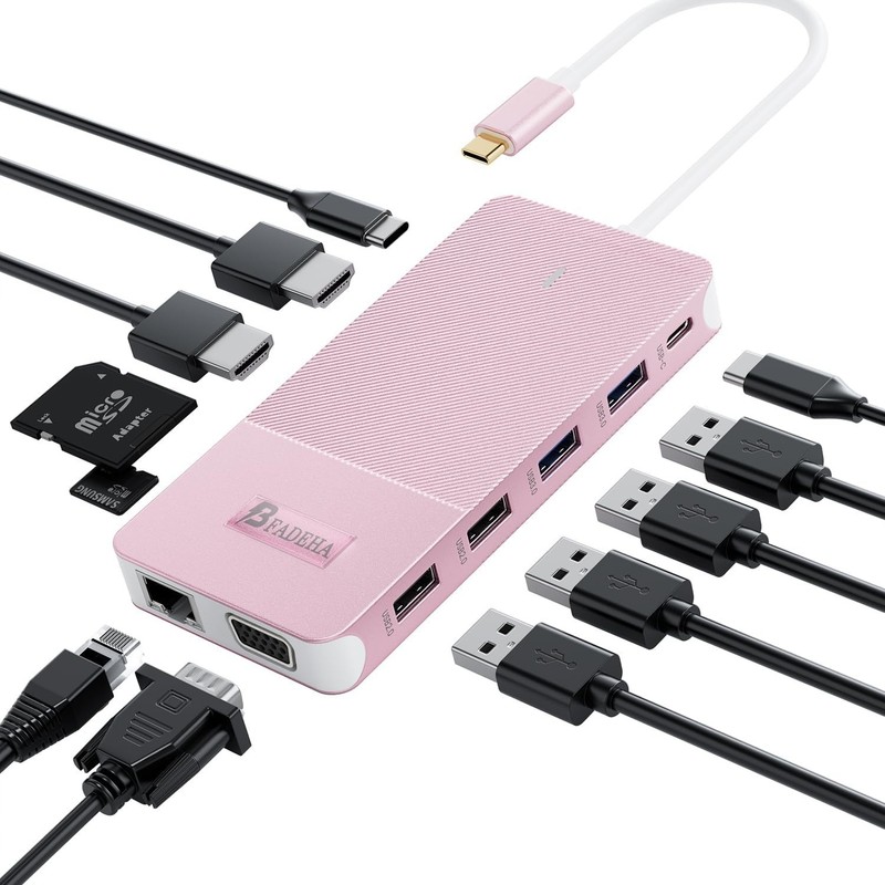 12 in 1 USB C Hub Triple Monitor Docking Station 2 HDMI VGA 100W PD Ethernet