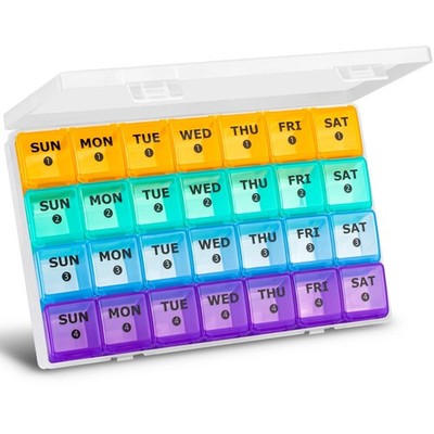XL Large Monthly Pill Organizer 4 Weeks, 28 Day 5 Piece Set, White+rainbow 