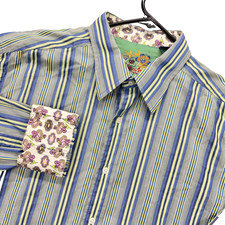 Robert Graham Shirt Mens XL Blue Green Stripe Long Sleeve Flip Cuff Cotton Silk