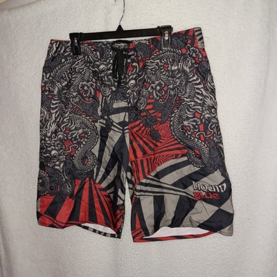 Liquid Blue Men Sz 38 Board Surf Shorts Swim Trunks Red Black Chinese Dragon(DP)