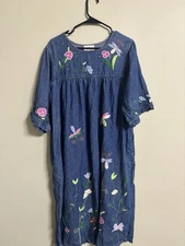 Quacker Factory Denim Dress Size Large Embroidered Mumu Floral Maxi Vintage