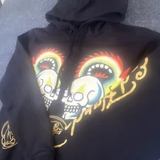 Ed Hardy Men's Hoodie Dragon Skull Gold Metallic Foil Fleece Pullover Sweatshirt