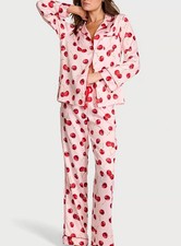 NWT Victoria's Secret Satin Pajama Set Pants LS Top Pink Cherry Size S Short