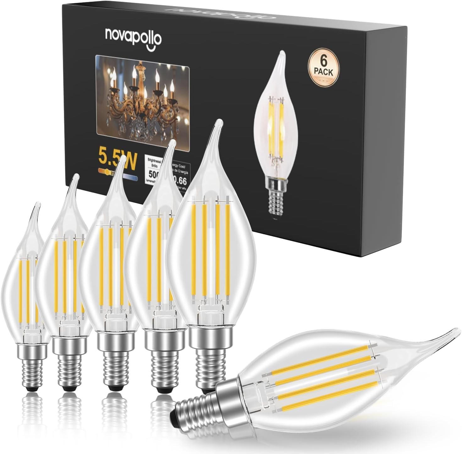 E12 Chandelier Light Bulbs, Dimmable 60 Watt Equivalent 2700