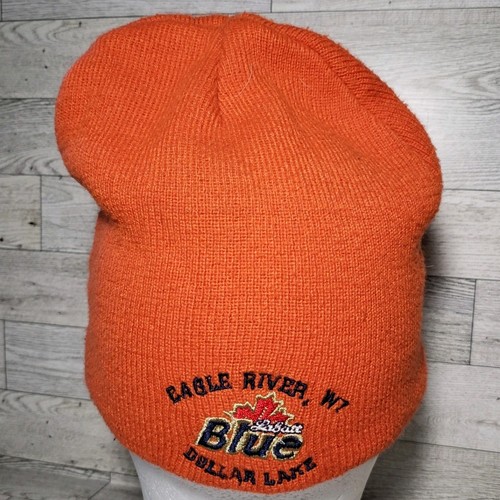 Vintage Eagle River WI Pond USA Hockey Knit Hat Cap Orange Labatt Blue - Picture 3 of 6