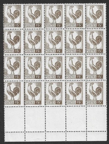 No. 647 N** in block of 20 with variety: French rooster (mini €100 price)