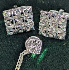 Men's Vintage Solid Silver Tone Tic Tac Toe Open Work Cufflinks And Tie Pin 