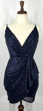 EUC Double Crazy Women Navy Blue Sequin Wrap Bodycon Mini Cocktail Party Dress S