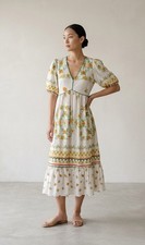 Small-Fig + Flower Women's Medium Linen Blend Cottagecore Dress Natural Floral
