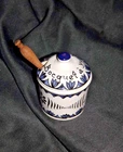 BOCQUET A YVETOT digoin BLUE FAIENCE mustard pot + its wooden spoon