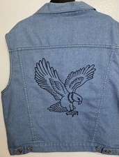 Vintage Denim Vest XL Made in USA Blue Jean Biker Eagle Embroidered Sleeveless