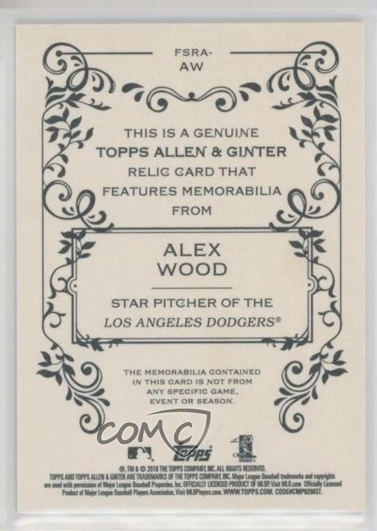 2018 Topps Allen & Ginter Full-Size Relics A Alex Wood #FSRA-AW - Image 2 of 2