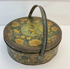 VTG Loose-WIles Biscuit Tin c.1946 w/handle birds w/handle rustic distressed