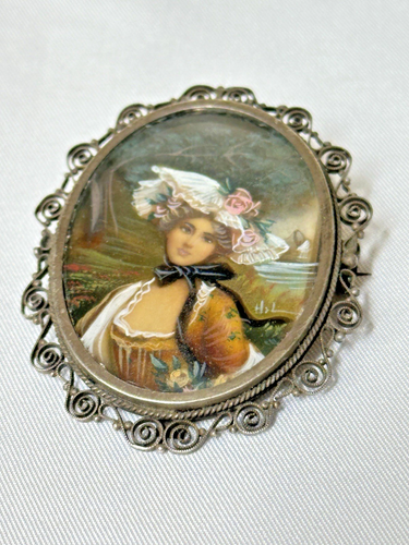 Original Hill Hand Painted Portrait Pendant Antique Medallion 800 Silver Brooch - Picture 2 of 9