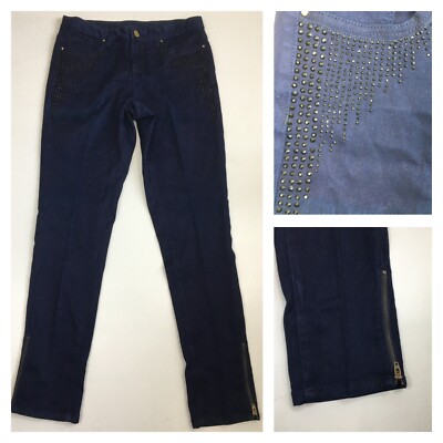 CACHE Dark Blue Rhinestone Embellishment Zip Ankle Denim Jeans Womens sz 6