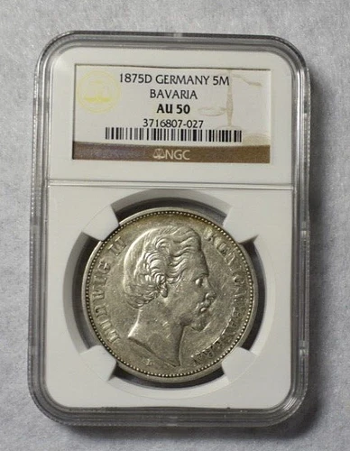 BAVARIA GERMANY 5 MARK 1875 D NGC CERTIFIED AU 50  SILVER ( stock# 164)