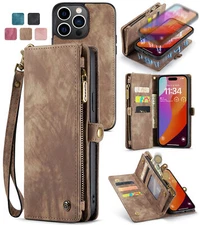 For iPhone 15 14 Pro Max 13 12 11 78 Zipper Leather Wallet Detachable Phone Case