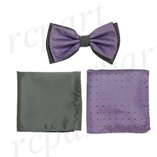 New Brand Q Men's Pre-tied Bow tie  2 hankie lavender gray polka dots wedding