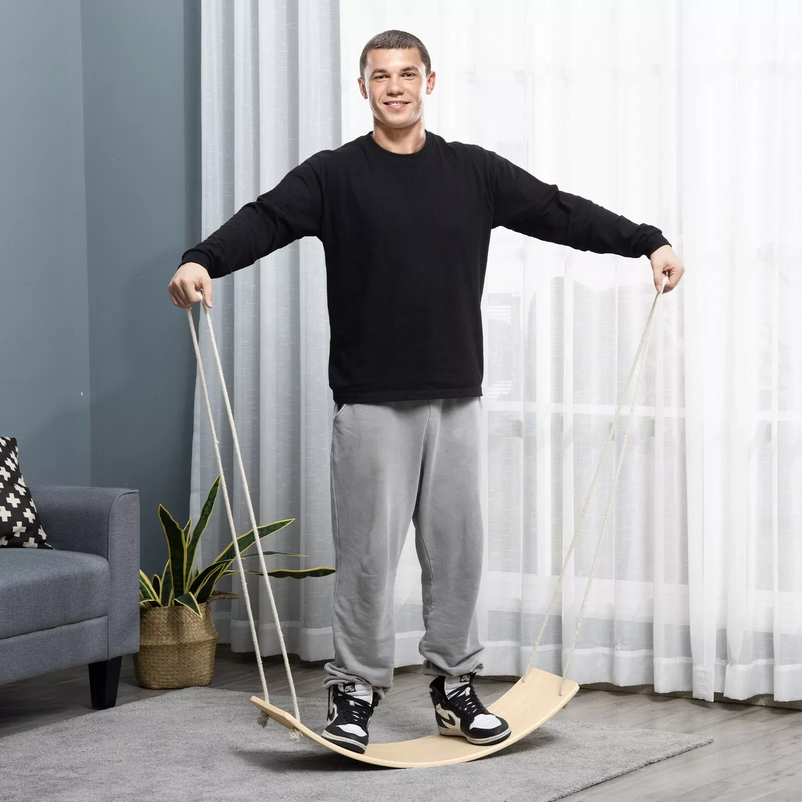HOMCOM Wood Wobble Board W/ Ropes, Baby Rocker Balance Board for Kids or Adults