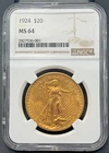 1924 P $20 Gold Saint Gaudens Double Eagle, NGC MS 64, High Grade Coin