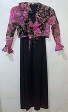 Vtg 70s Little Black Maxi Dress Womens XS V-Neck Sleeveless w/Floral Shrug