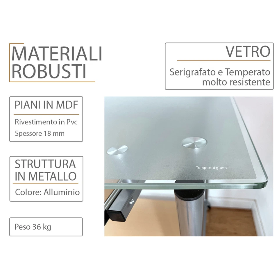 TAVOLO SCRIVANIA DESIGN Postazione UFFICIO Vetro Con RUOTE Computer PC Mod WHEEL - Immagine 4 di 4