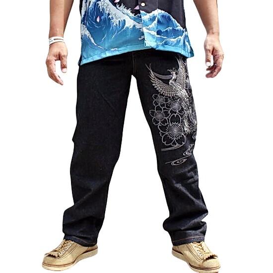 ★Wai Kei★ Maltese Multi-Embroidered Denim Pants Black YKBD Mens Baggy Hip Hop Jeans Casual Loose Fit Embroidered