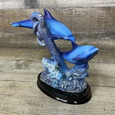 Blue Dolphins Figure Swimming Around Coral Statue Sea Life Figurine Decor