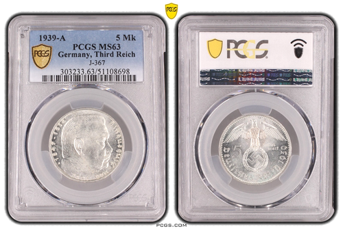 *PCGS MS63 * 5 MARK 1939 A SWASTIKA Germany Third Reich Silver Coin J-367 WW2 Mk