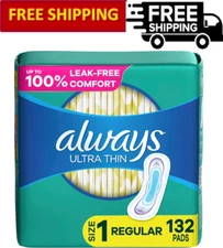 Always Ultra Thin Pads without Wings, Size 1, Regular, Unscented, 44 Ct - 3 Pack
