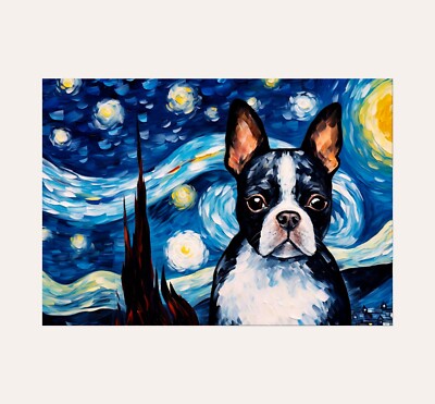 Boston Terriers Dog in Starry Night Poster Print A3 Size