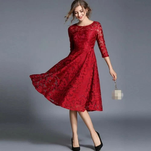 Vestido Europeo Para Mujer Encaje Manga 3/4 Columpio Calce Ajustado Línea A Fiesta Cóctel Vestido - Imagen 16 de 19