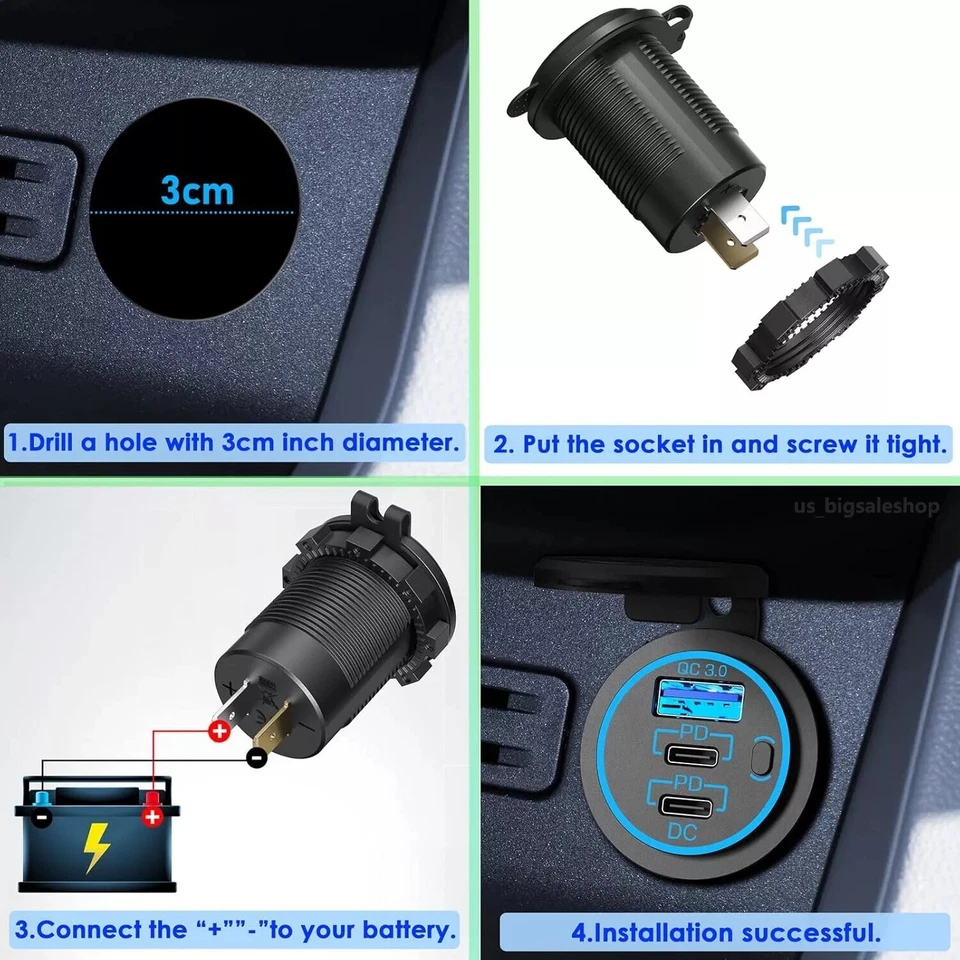 Type C Fast Car Charger PD & USB 3.0 3 Ports Outlet Socket 12-24V for Boat RV US - Image 2 of 4