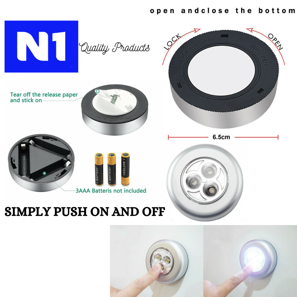 3 LED Touch Push On Off Light Self-Stick On Click Battery Operated ...