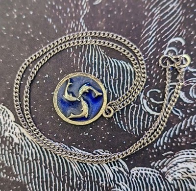 Vintage Silver Dolphin Coin Handmade Necklace Blue Ocean Medallion From Greece