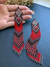 Tribal Earrings Native Large Boho American Seed Beads Handmade Multicolor