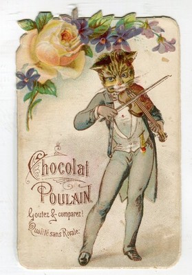 Oblaten scrap die cut chromo Litho Katzenherr Musik Blumen Poulain 9,6 cm