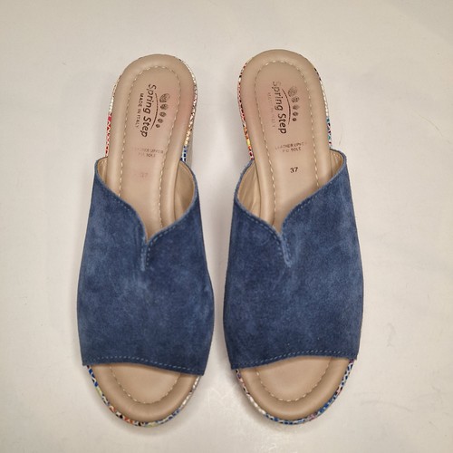 Spring Step Wedge Sandals Womens 37 / 6.5 Blue Suede Floral Mosaic Laylani Italy - Picture 6 of 12