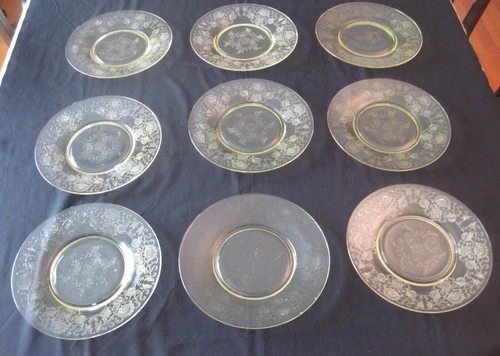 Hazel Atlas Florentine Poppy Yellow Dinner Plates Depression Glass 10” Set Of 9