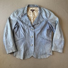 Danier Womens XL Genuine Leather Blazer Blue Ruffle Lapel Y2K Boho Indie Jacket