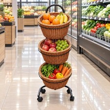 Woven Basket Shelf Rack with Wheeled Base Rolling Tiered Produce Display Rack