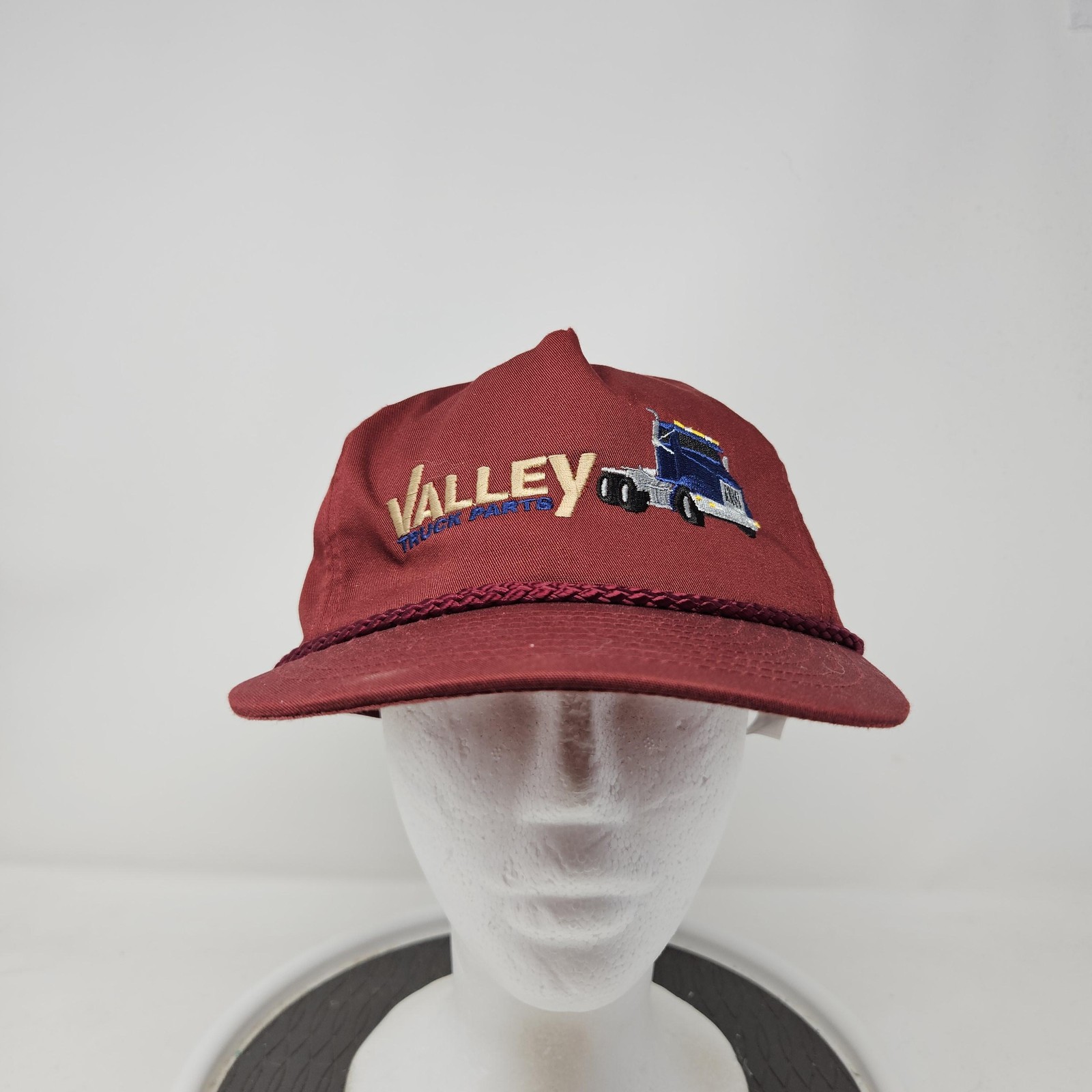 VINTAGE Valley Truck Parts Hat Cap Snap Back Burgundy Rope Advertising Mens 90s