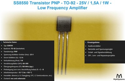 SS8550 PNP Transistor TO-92 25V 1.5A 1W Low Frequency Amplifier 5 Stk.